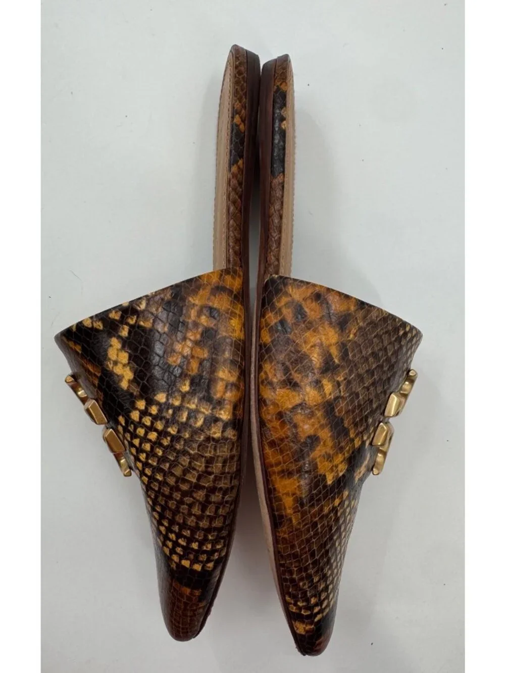 Tory Burch Eleanor Python-Print Leather Mules Gold Logo Size 10M Womens